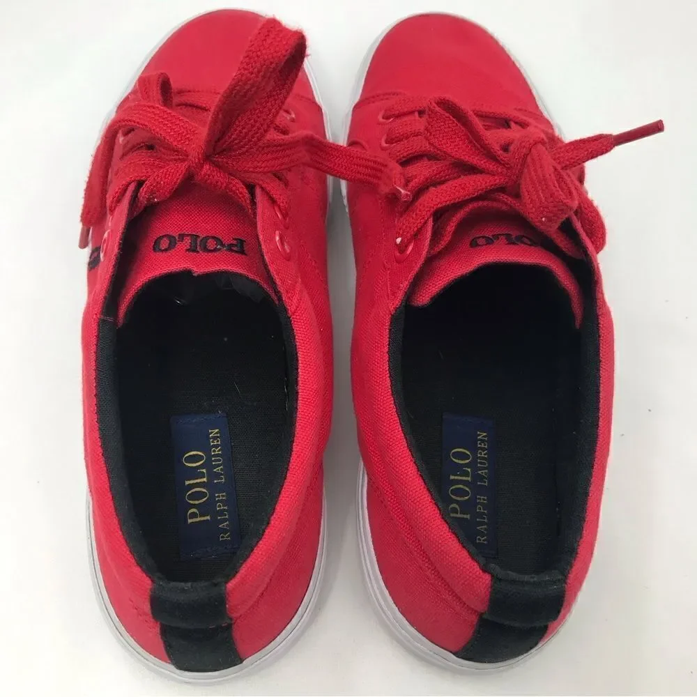 Polo Ralph Lauren Red Canvas Lace Up Deck Boat Shoes with Black Logo